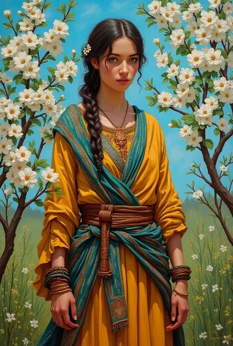 10th century arabic warrior girl surrounded by almond branches as painted by Van Gogh