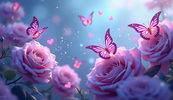 purple roses and butterflies with hearts and sparkles on a blue background, a picture by Tom Wänerstrand, trending on cg society, romanticism, flowers and butterflies, glowing butterflies, beautiful wallpaper, beatiful backgrounds, aesthetic cute with flut...