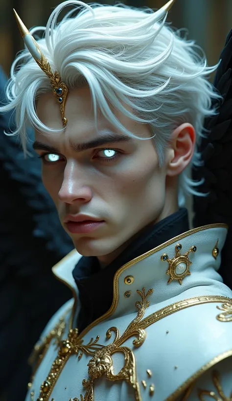 Prompt: "A hyper-realistic close-up of a dark, ethereal male character with an intense baroque aesthetic. He has pale, lifelike skin with fine texture and realistic details, including subtle pores and shadows. His piercing white eyes have a soft glow, and ...