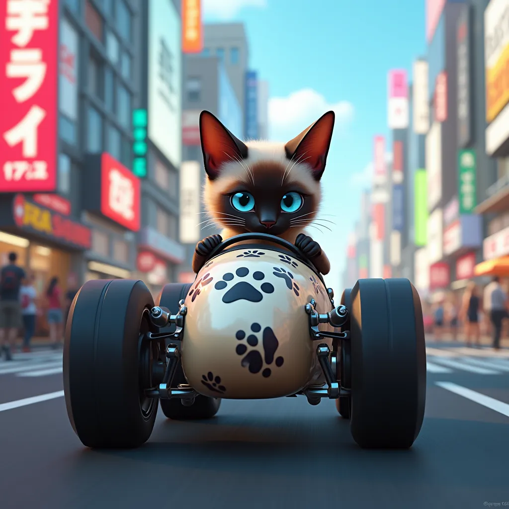 3DCG of a Siamese cat driving in a racing cart in Shibuya, the cart is flagged with cat tracks, from the side, motion blur creates a sense of speed.