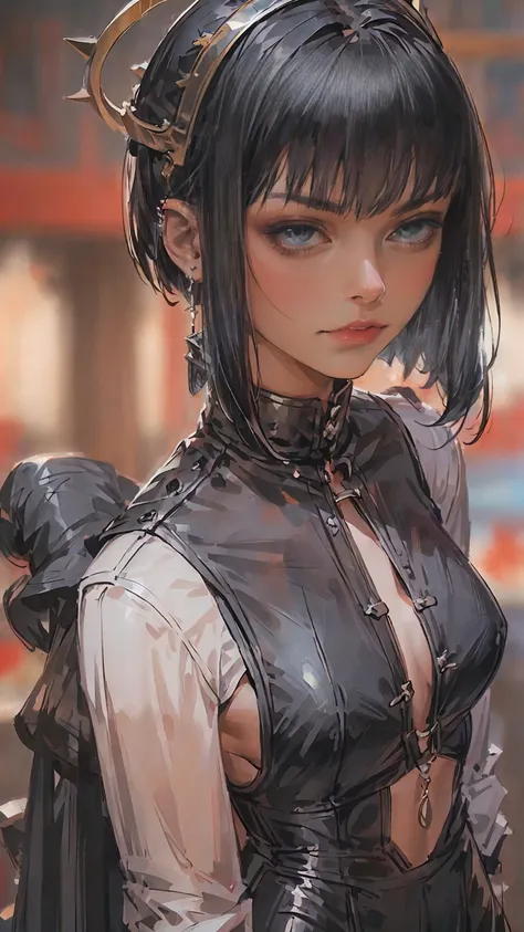 (Best Quality),(high resolution),(beautiful face and eye),(Modern anime drawing art ,mate dark colors , oil painting),(solo focus portret art ,pose in motion, dynamic angle ),(Great composition , professional staging),overhead view, 1mature girl! with long...