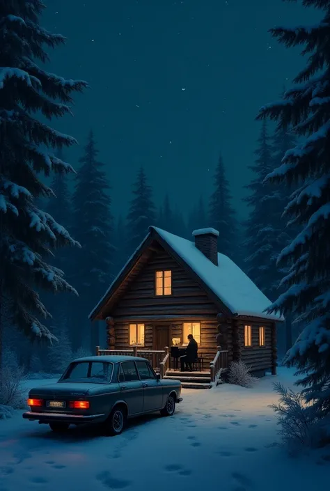 Dark sad night beautiful cabin house in the forest heavy snow old bmw covered in snow standing infront of the house man sitting in balcony playing piano full dark night master piece full hd quality result 