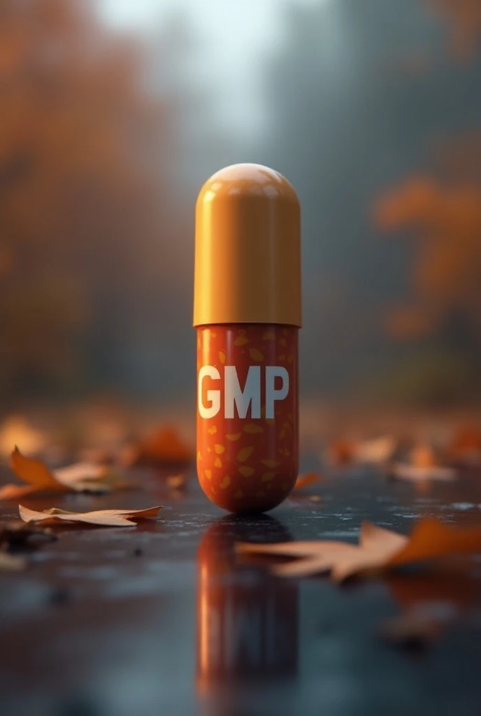 Label with the letters GMP on a capsule and with a November theme



