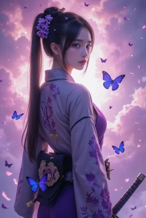 Create a vibrant portrait of a modern samurai woman with an anime-inspired aesthetic. She stands in profile, her gaze intense and focused. Her long black hair is styled in a high bun adorned with purple wisteria flowers, loose strands framing her face.She ...