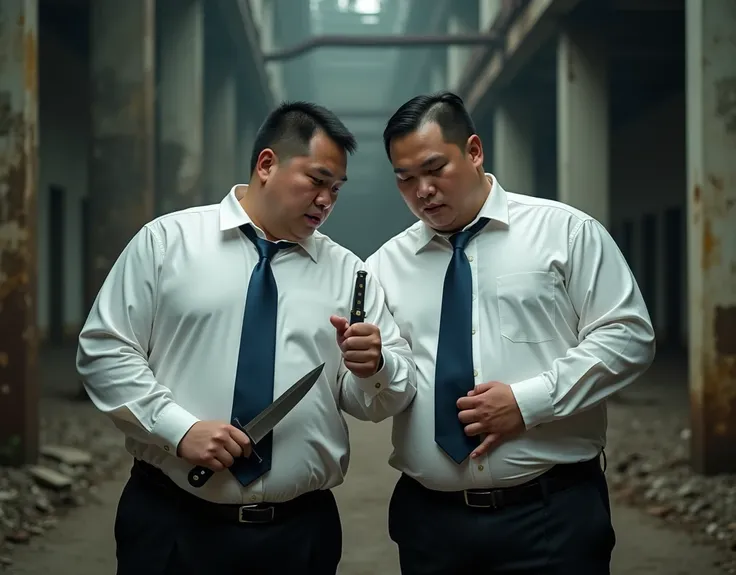  best quality ,  facial focus,  super high resolution , (Reality:1.4), RAW photo, Two Chinese obese young men in suits，Short hair flat head，White shirt，Lips tightly closed，Dark blue tie、 have a serious expression ， facing the camera，Abandoned Factory，Hug e...