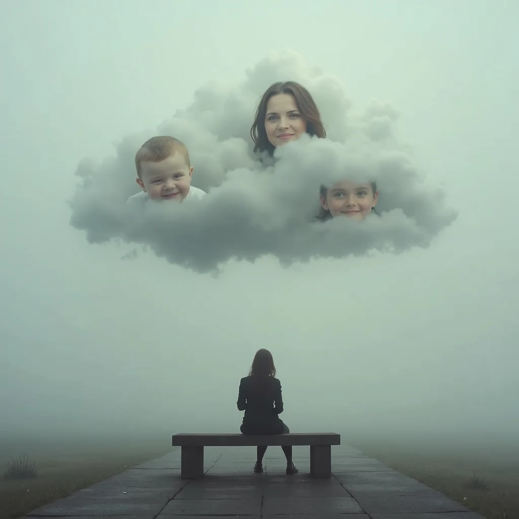 Fog scene , with a square bench and a woman sitting on her back, Above her,  a cloud with an image of a baby ,  another cloud with an image of an old woman ,  another cloud with an image of an adult woman , all with your back ,  as thoughts and many other ...