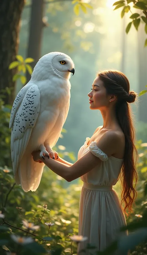 Draw in photorealistic style a scene in which a large white owl, approximately 1 meter long, is perched on a womans arm. The owls beautiful feathers and impressive eyes are realistically expressed, and the woman is looking at the owl with a gentle smile. I...