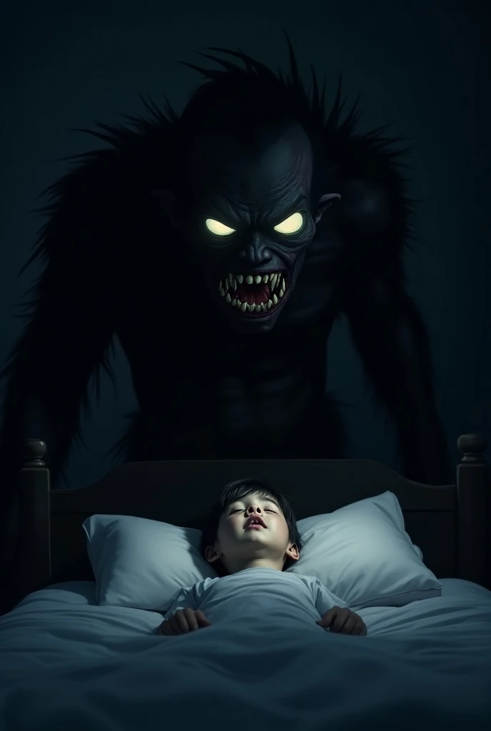 A boy sleeping at night and a realistic horrible mysterious monster staring at him, realistic, dark, creepy 