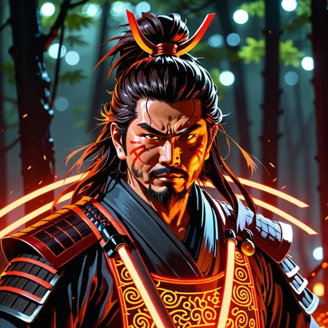  glowing samurai emitting sparks and electricity, dark red and orange , shining eyes,  movie scene. lora:glowneon_xl_v1:1 lora :add-detail-xl:0.8>