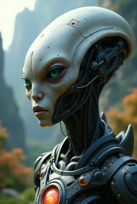 a alien on a beautiful planet, detailed face, intricate machinery, cinematic lighting, highly detailed, photorealistic, ultra detailed, 8k, hyper realistic, dramatic lighting, intricate details, futuristic, sci-fi, concept art style, vibrant colors, a devi...