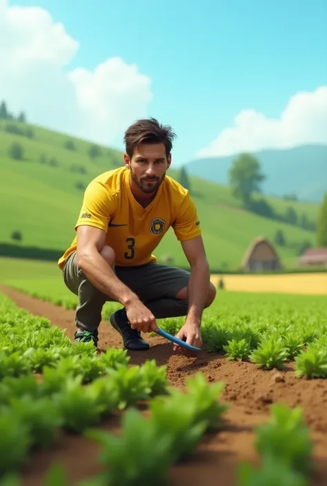 A charming, unexpected scene featuring a famous soccer player inspired by Lionel Messi planting crops in a lush, green field. The player, dressed in casual outdoor clothing with a touch of his iconic soccer style (like wearing cleats or a jersey-inspired s...