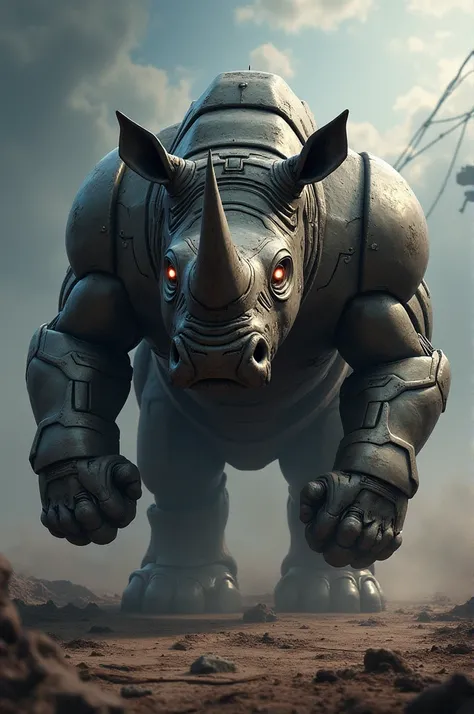 Create a hybrid version where Iron Man and a rhino are fused into a single, monstrous entity. This creature should seamlessly combine the armored, technological features of Iron Man with the powerful, horned, and muscular form of the rhino. The result shou...