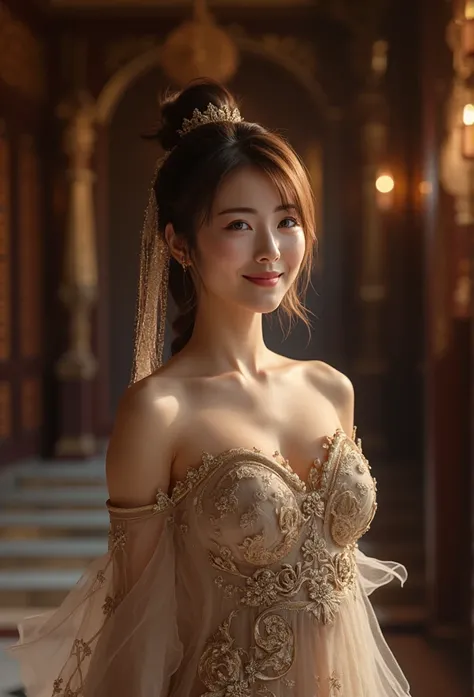 A cinematic portrait photography of a beautiful asian woman in a detailed soft  body showing dress, inside a dark palace , volumetric lights ,dynamic pose, hyperrealism, mind-blowing detail, soft focus , she is clearly grinning.