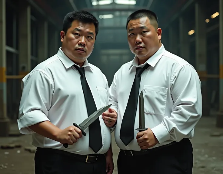  best quality ,  facial focus,  super high resolution , (Reality:1.4), RAW photo, Two Chinese obese young men in suits，Short hair flat head，White shirt，Lips tightly closed， black tie 、 have a serious expression ， facing the camera，Abandoned Factory，Hug eac...