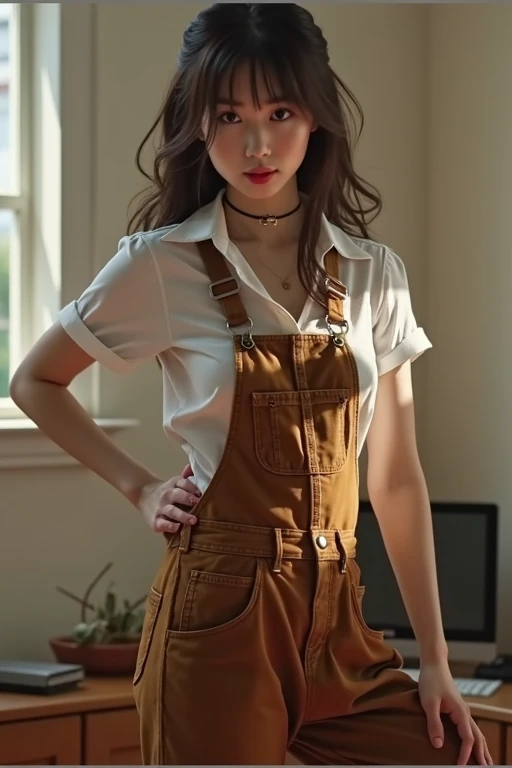 Asian woman in baggy denim overalls.