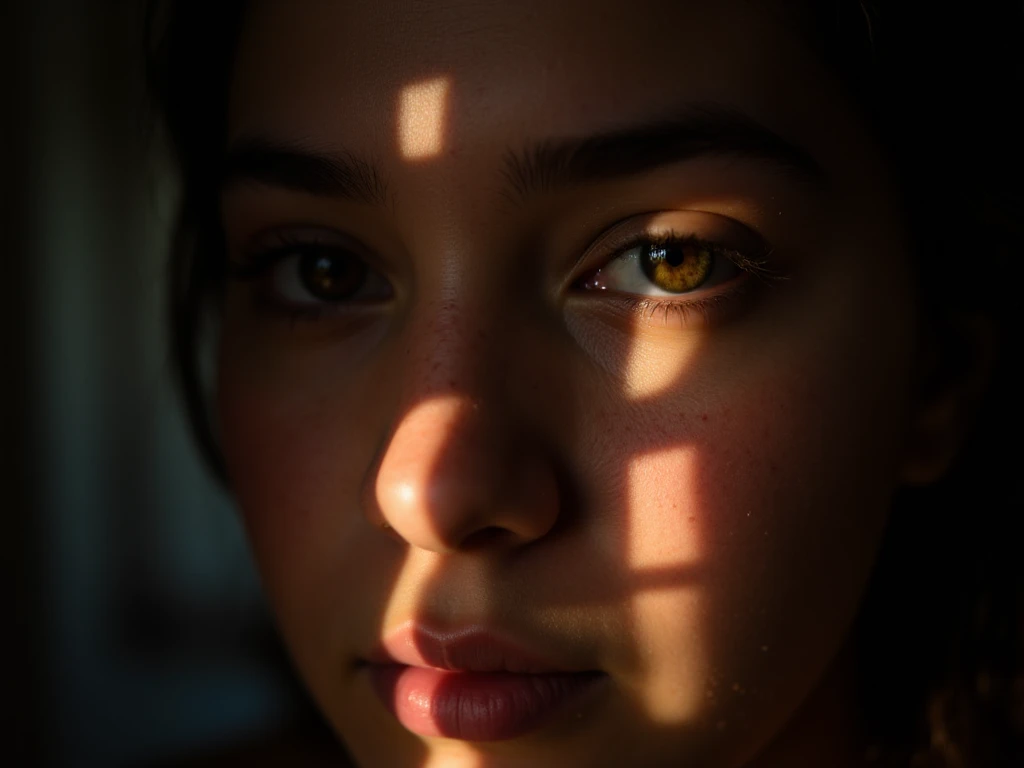 A photo of a (face bathed in patterned light:1.3), (speckled shadows:1.2), (captivating gaze:1.1), (contrast of light and texture:1.2), artistic interplay, (sharp luminous streaks:1.1), (detailed iris:1.1), Sony α7R IV, 1/320s, f/2.8, ISO 400, (enigmatic e...