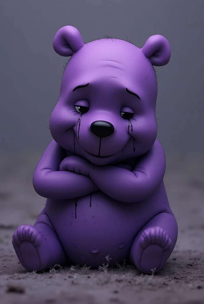 Create me an image of Winnie the Pooh in purple sitting sad crying with tears in his eyes on his cheeks that the Winnie Pooh is purple