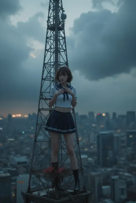 Skytree,  Illuminations,  A woman sits on the tip of a steel frame of a tall radio tower:1.331,  dangerous border , Side view, from side:1.8, (Best Quality:1.4),  32k high resolution UHD , (masterpiece:1.2),  Extremely Detailed Real Photo, (Realistic, 超Rea...