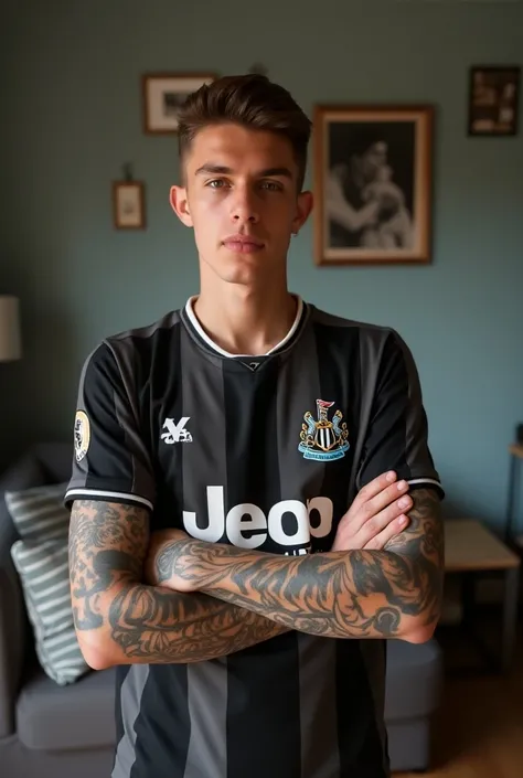 A 20 year old boy, with tattoos on their arms, new castle jersey , in the living room of his house posing for the photo 