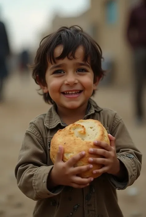 A small  from Gaza carries a piece of bread while it is dirty and with tears of joy