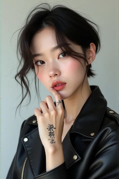 A Korean woman wearing a jacket, she has a name tattoo manis