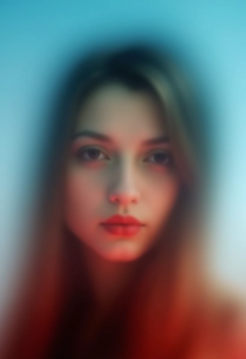 The image is a digital artwork featuring a blurred, abstract portrait of a woman with a striking, surreal aesthetic. The background transitions smoothly from a cool, icy blue at the top to a warm, fiery red at the bottom, creating a gradient effect. The wo...