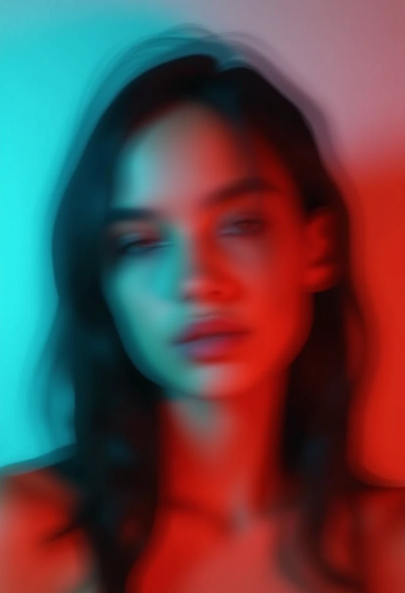 The image is a digital artwork featuring a blurred, abstract portrait of a woman with a striking, surreal aesthetic. The background transitions smoothly from a cool, icy blue at the top to a warm, fiery red at the bottom, creating a gradient effect. The wo...