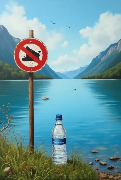 Painting of Lake Zurich with a the plastic bottle cap in a prohibition sign in the foreground, contrasting the natural beauty with a message against littering