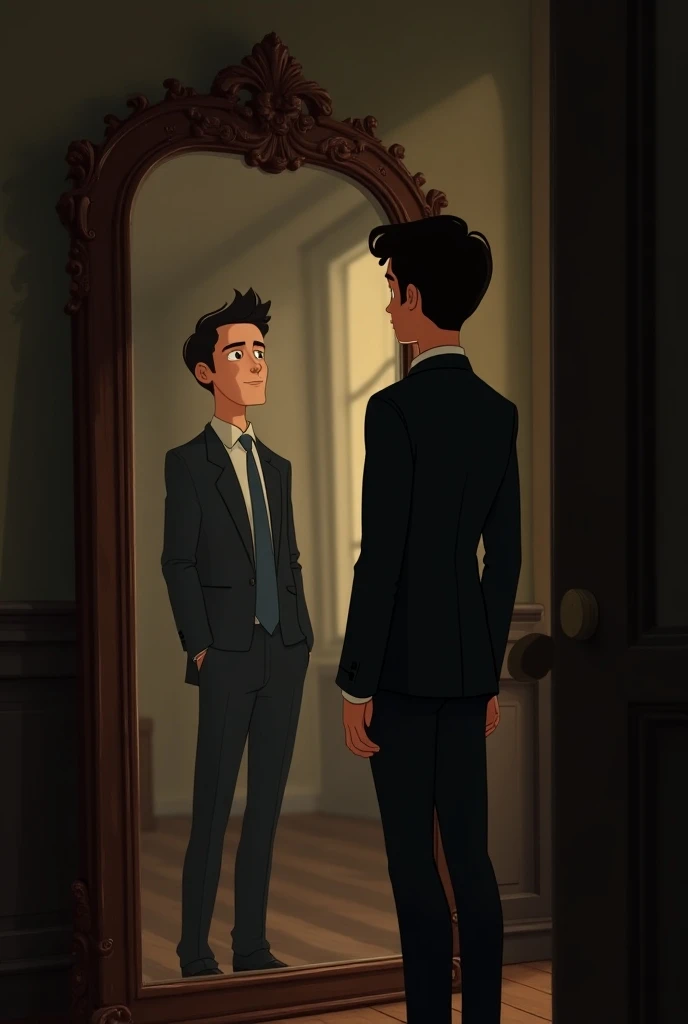 "Cartoon-style image of a young man standing in front of an old, ornate mirror in a softly lit room. He’s dressed in a simple suit and has a thoughtful expression as he looks at his reflection. The mirror is detailed with vintage carvings, and the backgrou...