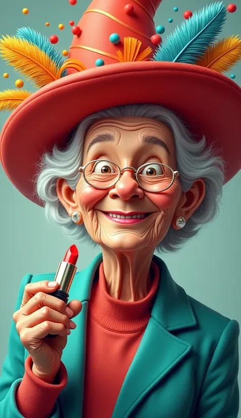  Funny granny wearing sieshno holds lipstick in her hand, a funny hat on her head is brightly colourfully beautiful 