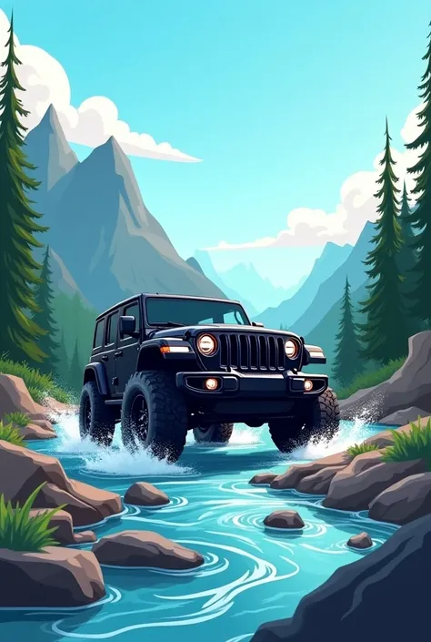 One black rubicon off roding in river and back ground is mountain and trees and sky is blue in cartoon catagory 