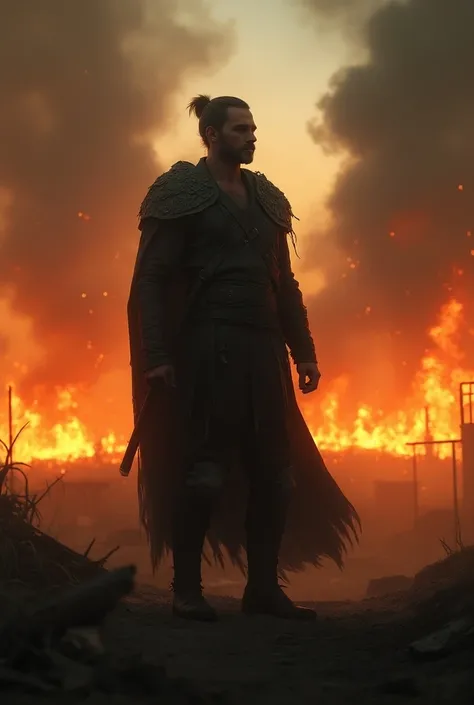 A hero standing and watching his village burn
