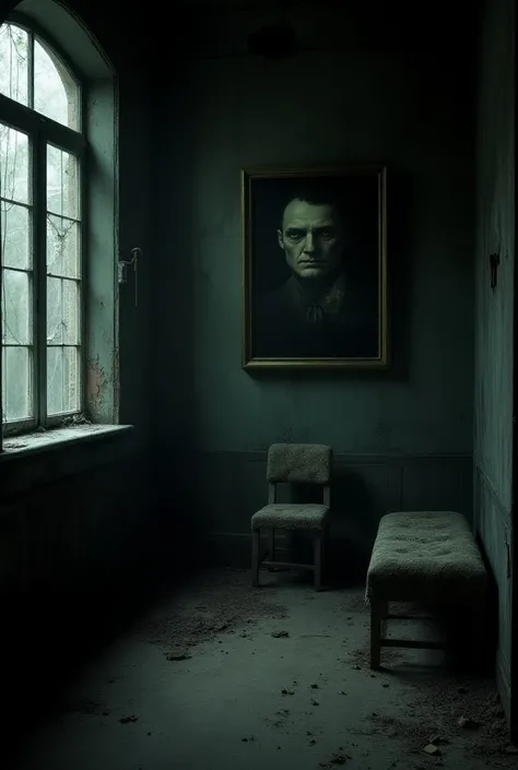 A dark, abandoned mansion with old, dusty furniture. There’s an eerie, dim light filtering through cracked windows. The main focus is an old portrait hanging on the wall—its eyes appear to follow whoever enters the room.