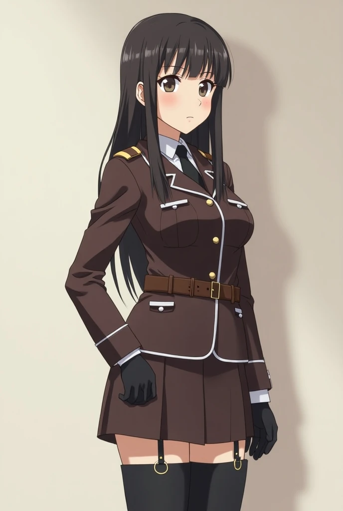  womens uniform based on the anime SNK , No pants , with a dark brown short skirt ,  high black stockings above the knees ,  long sleeve shirt from the original SNK uniform with black high boots,  and belts in uniform ,  and knuckle-free gloves in dark bro...