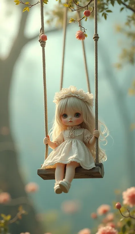 A cute doll on Big hanging swing, surreal 