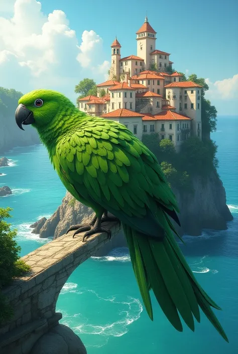 San Sebastian on top of a green parrot