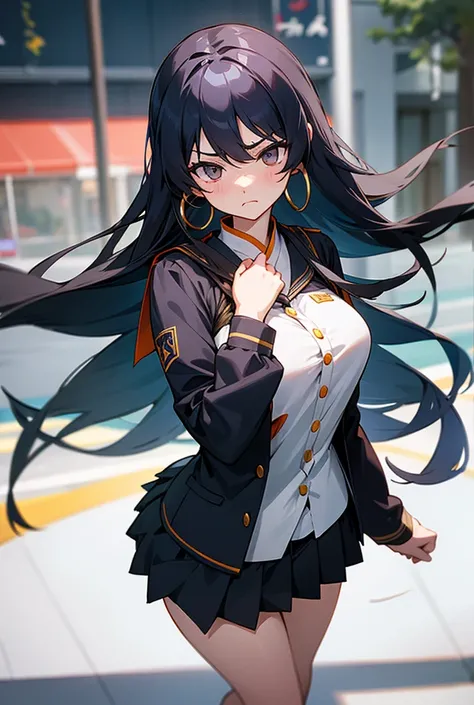  1 girl , long hair,  Looking at Audience , , black hair, bangs between eyes, Short skirt, body positive, hoop earrings, street/frown/Bust Figure , multiple views, preauricular hair,  Student Clothes Chest,  Long Hair , Big breasts, 臉部修長frown/frown, Clothi...