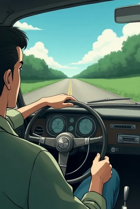 Vintage car with a man driving it on a straight and quiet road, dash style of the anime hunter X hunter , hands down,  high quality