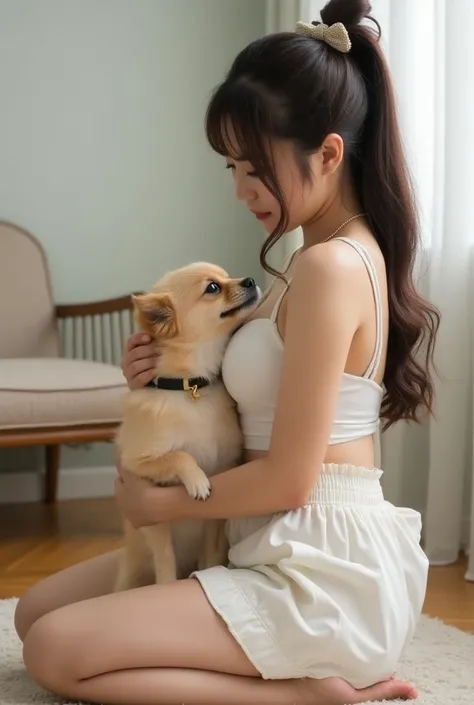 a so beautiful sexy Japanese woman kneeling down petting a small dog, belle delphine, short puffy pants, basic photo, inspired by Luo Mu, babies in her lap, bum, bowknot, streaming, one is a brunette, take cover, villa, bite, boichi, caught