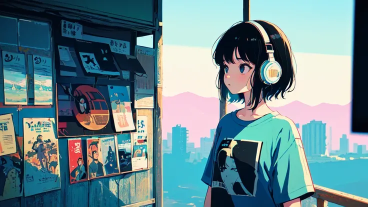 ((cowboy shot)), (lo-fi, retro, pale color, low contrast), (1girl, black hair, black eyes, t-shirt, headphone), (summer sky, wall with Japanese posters), (dreamy atmosphere, nostalgic)