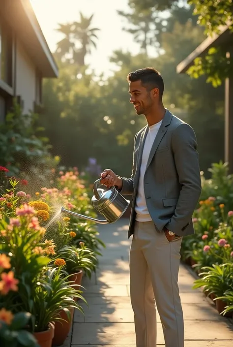 A fun and unique image showing Cristiano Ronaldo, dressed in a stylish yet casual outfit with a hint of his signature flair, watering plants in a modern, well-kept garden. He’s holding a sleek, silver watering can and appears genuinely absorbed in the task...