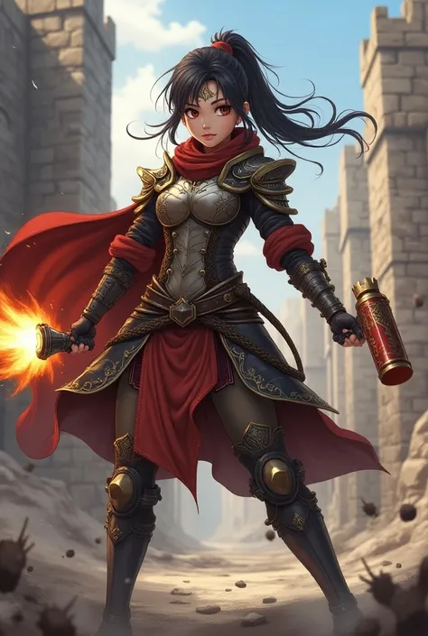 Medieval female character with bombs and explosives in anime style