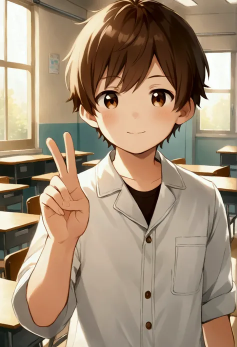   A young man with short, well-styled brown hair and warm brown eyes,  wearing a white coat over a light blue dress shirt ,  standing in a classroom or laboratory .  He has a friendly and attentive expression , making the peace gesture with one hand ,  as ...