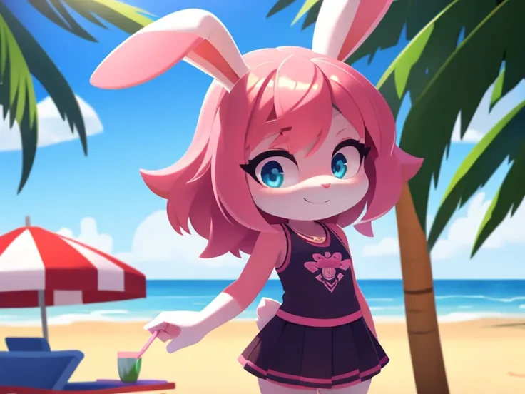 A pink rabbit girl with shiny hair, a detailed body, plain clothes, a beach background, high quality, a masterpiece 