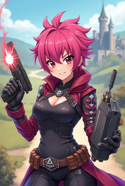 Medieval pink-haired female character with bombs and explosives in anime style