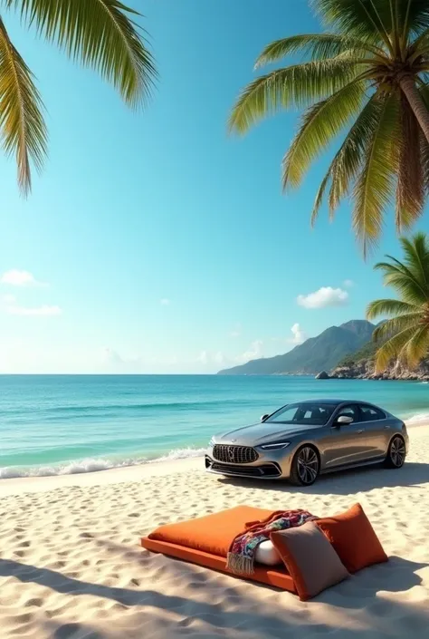 Car and beach bed at the sea Ready for summer travel Summer and holiday road trip concept