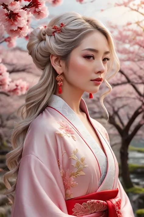 "Create a breathtaking digital illustration of an elegant and ethereal young woman with long, flowing white hair styled in loose waves and partially tied up in a sophisticated updo adorned with intricate red floral and tassel hair ornaments. Her pale, porc...