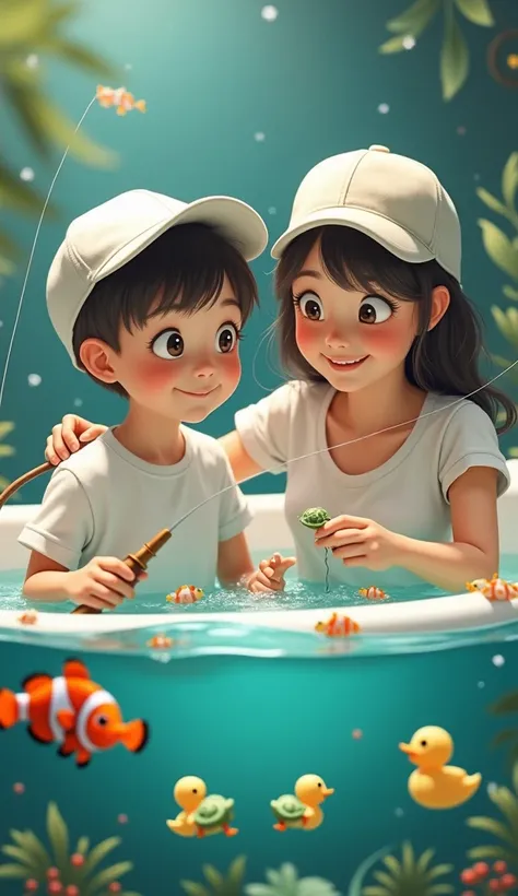 A three-year-old boy in a white t-shirt and a white cap is fishing with his mother from a luxury bathtub that has many small fish, one Nemo fish, one turtle, and three small ducklings in the tub.