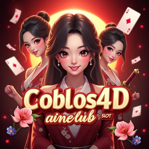 Create SLOT BETTING games flyer that says "COBLOS4D SLOT Thailand No1", Center, BIG FONTS, BIG TEXT, real 3D live women, katana, blossom, realistic anime, happy, smile, gaming theme, holographic, tattoo, Ultra High Quality Image, all red, flying chips, fly...