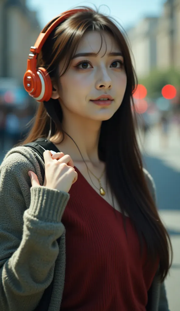 waiting for the bus listening to music , a beautiful asian woman